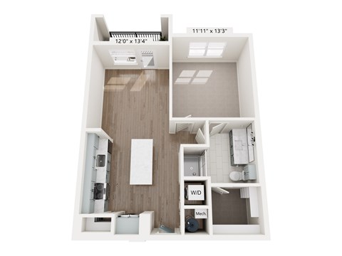 A1_51 A floor plan of a small apartment with a kitchen, living room, and bathroom.